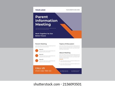 Parent Meeting Flyer Template Design, Parent Support Flyer Template, Support Group For Parent Flyer, School Meeting Poster Leaflet Design Template. A4 Template.