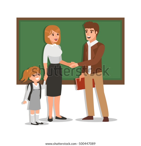 Parent meeting with\
teacher in classroom.