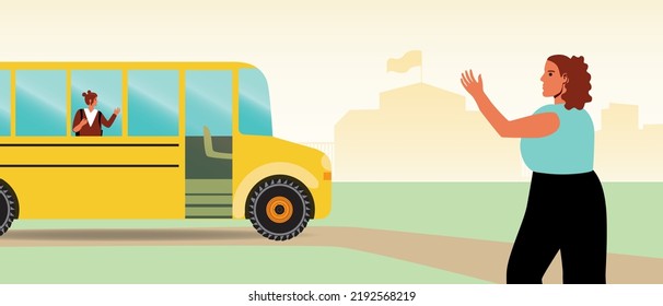 Parent meets child from school outside school bus, flat vector stock illustration with family support, mother and schoolgirl