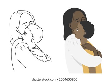 Parent mom understanding and support to upset sad teenage boy. Crying child in embrace,flat and outline vector.