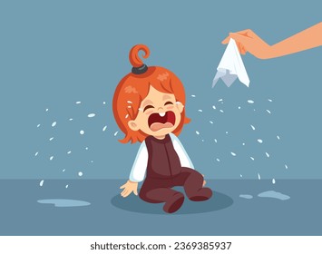 
Parent Offering a Handkerchief to a Crying Toddler Vector Cartoon Illustration. Unhappy spoiled child feeling unhappy and stressed out 
