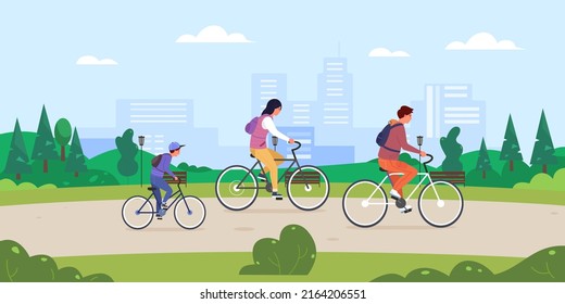 Ciclismo de parque primario. Familia montando bicicletas juntos parque de la ciudad, lugares de ciclismo de viajes padres y niños, actividad gente estilo vida alegría ciclista naturaleza paisaje ilustración vectorial. Viaje en un parque familiar