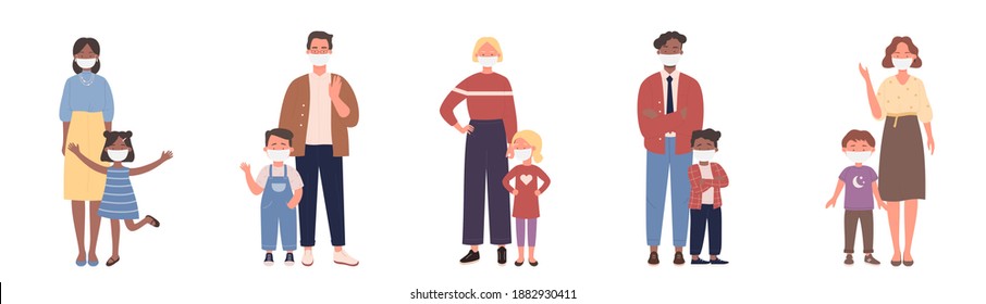 Parent people stand with children vector illustration set. Cartoon family characters standing together, mother, father and child wearing face medical mask to protect and care health isolated on white