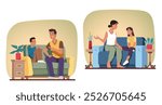 Parent person talking with child at home. Happy mother woman, daughter girl, father man, son boy kid sitting on sofa together set. Family bonding, parenting, conversation flat vector illustration