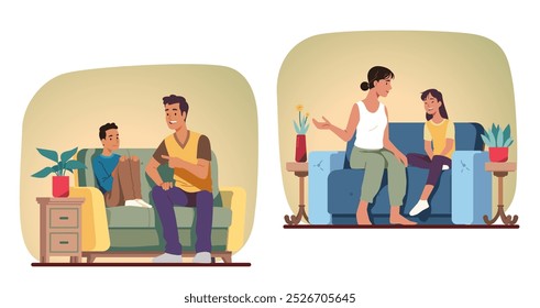 Parent person talking with child at home. Happy mother woman, daughter girl, father man, son boy kid sitting on sofa together set. Family bonding, parenting, conversation flat vector illustration