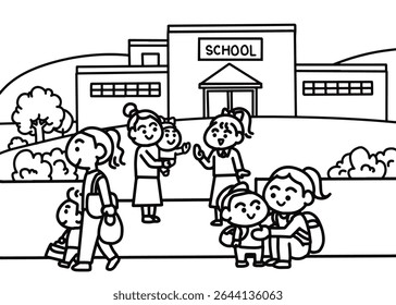 Os pais escolhem os filhos no estilo de colorir páginas da escola.