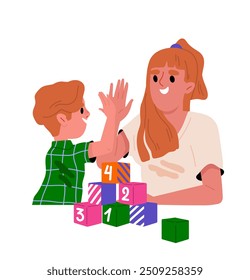 Parent play with child. Mother with boy build home from colorful cubes. Happy child with mom. Education for preschoolers indoors. Flat vector illustration isolated on white background