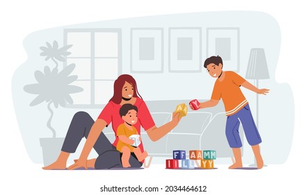 Parent Playing with Children, Happy Family Leisure. Loving Mom and Cheerful Kids Spare Time. Mother and Little Sons Play with Toys Sit on Floor. Woman and Baby Boys Fun. Cartoon Vector Illustration