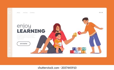 Parent Playing with Children Landing Page Template. Happy Family Leisure. Loving Mom and Cheerful Kids Learning Spare Time. Mother and Sons Play with Toys Sit on Floor. Cartoon Vector Illustration