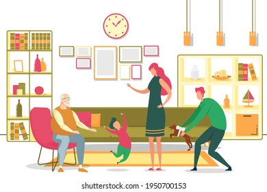 Parent Presents Dog to Happy Son, Lifestyle design. Father and Mother Give Gift to Child. Grandfather Sits on Armchair. Birthday Congratulation. Childhood and Parenthood. Good Relationship. Vector Illustration