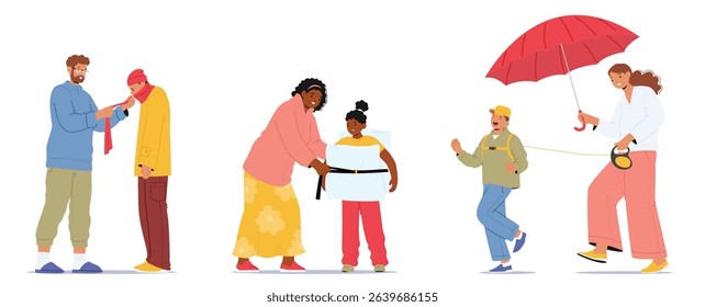 Parent problem of overprotection and excessive attention to children isolated set on white background. Mother and father caring for kids with hyperprotection vector illustration. Family psychology