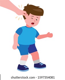 Parent Pull Ear, Young Boy Illustration Naughty Child And Parent Hand Cartoon Vector