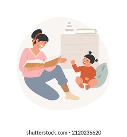 Parent read book to a child abstract concept vector illustration. Mother reads book to child, homebased daycare, kid listening fairy tale, developmental activity, home education abstract metaphor.