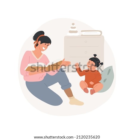 Parent read book to a child abstract concept vector illustration. Mother reads book to child, homebased daycare, kid listening fairy tale, developmental activity, home education abstract metaphor.