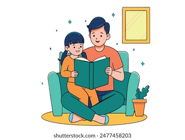 Los padres leen el libro con el niño felizmente en casa. Ilustraciones de diseño de Vector dibujado a mano.
