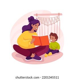 Parent read book to a child isolated cartoon vector illustration. Mother reads book to child, homebased daycare, kid listening fairy tale, developmental activity, home education vector cartoon.