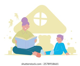 A parent reading a bedtime story to a child in a cozy, imaginative setting filled with stars, toys, and a warm home atmosphere, promoting bonding and a love for storytelling.