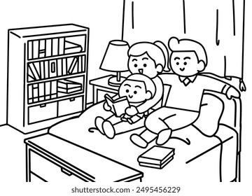 Parent reading a book for son.