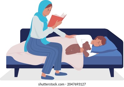 Parent reads for kid semi flat color vector characters. Sitting figures. Full body people on white. Family members isolated modern cartoon style illustration for graphic design and animation