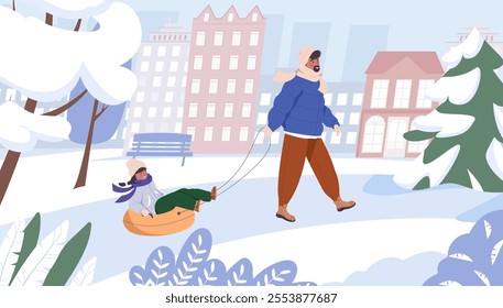 Parent ride child on tube. Activity and recreation vacation. Characters father and daughter tubing from hill, have fun on Christmas holiday on winter city background flat vector cartoon illustration.