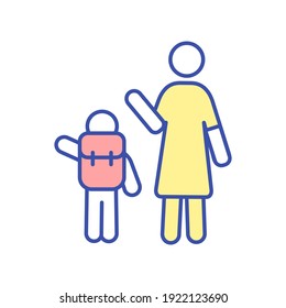 Parent seeing off child to school RGB color icon. Mother send kid with backpack to preschool. Woman waving goodbye tos son. Schoolboy go to classes. Happy family. Isolated vector illustration