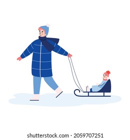 Parent sledding a happy smiling girl sitting on sled. Family outdoors leisure, fun activities in cold snowy winter season. Flat vector illustration isolated on white background.