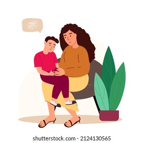 Maternidad apoyo niño, niño, madre ayudando a resolver una situación difícil. Hijo triste, emoción ansiosa.Mamá,Siéntate hijo,Problema de compartir voz.Carácter padre apoyo niño.Ilustración vectorial, fondo blanco