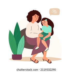 La madre apoya a su hijo, niña, madre ayudando a resolver una situación difícil. Hija triste, emoción ansiosa.Mamá, Sentada de la hija, Problemas de compartir palabras.Carácter primario Apoyo al niño.Ilustración vectorial de la gente