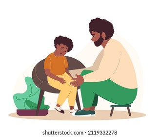 Parent Support His Child,Boy,Father Comforting Upset Kid. Sad African Son, Anxious Emotion.Father And Son Sit,Speak Share Problems.Parent Character Support Child.Dark Skin People Vector Illustration