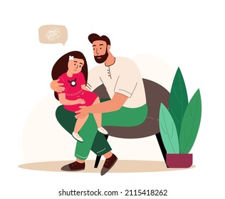 Parent Support His Child,Girl,Father Helping Resolve Difficult Situation.Sad Daughter,Anxious Emotion.Father,Daughter Sit,Speak Share Problems.Parent Character Support Child.People Vector Illustration