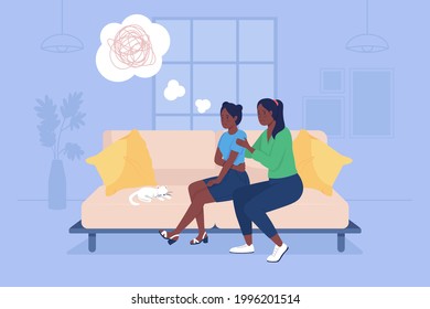 Parent support sad teenage girl 2D vector isolated illustration. Depressed child with mother sit on couch. Family at home flat characters on cartoon background. Teenager problem colourful scene