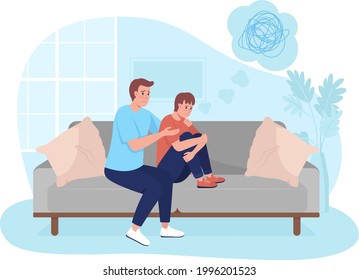 Parent Support Teen Son 2D Vector Isolated Illustration. Father Counseling Kid. Upset Boy With Stressed Thoughts. Family Flat Characters On Cartoon Background. Teenager Problem Colourful Scene