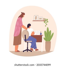 Parent supporting child in doing homework and studying. Mother helping and cheering school kid for learning and reading at home. Flat vector illustration of mom and son with book isolated on white