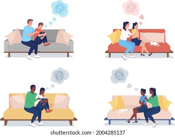 Parent supporting teenager semi flat color vector character set. Sitting figures. Full body people on white. Teens isolated modern cartoon style illustration for graphic design and animation pack