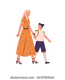 Parent takes her student with backpack to school. Family goes to the Knowledge Day together. Mother and kid with schoolbag hold hands while walk. Flat isolated vector illustration on white background