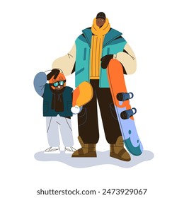 Parent teach child to ride a snowboard on ski resort. Happy father and kid with snow boards standing. Family goes extreme winter sport together. Flat isolated vector illustration on white background