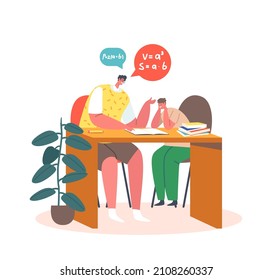 Parent or Teacher and Son Boy Characters Sitting at Desk with Textbooks Studying Mathematics Together. Father and Kid Reading Books and Learning Classes at Home. Cartoon People Vector Illustration