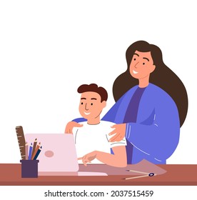 Parent Or Teacher And Son Boy Sitting At Desk With Laptop PC, Studying Online Together.Mother And Kid Watching, Reading And Learning At Home.Flat Vector Illustration Of Mom And Son Isolated On White