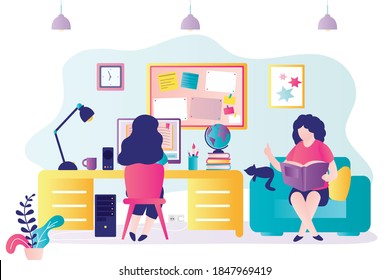 Parent teaches child at home. Girl with mother or tutor getting education. Schoolgirl sitting at desktop and studying. Concept of homeschooling. Children room design interior. Flat vector illustration