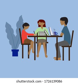 El padre le enseña al niño en su casa. Estudio en casa para la prevención del coronavirus. concepto de diseño de educación en casa. ilustración vectorial