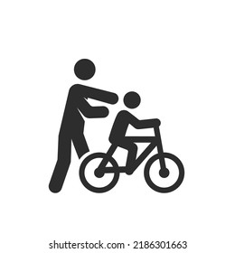 The parent teaches the child to ride a bicycle, icon. Monochrome black and white symbol. Vector illustration