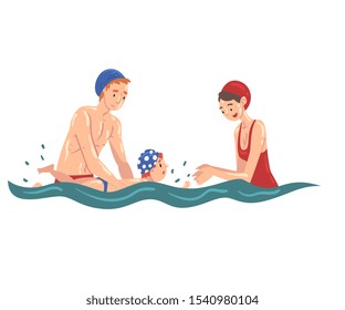 Parent Teaching her Little Son to Swim in Swimming Pool Vector Illustration