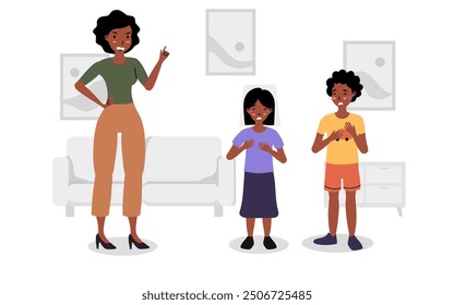 Padres enseñando a los niños sobre la responsabilidad en un ambiente acogedor de la sala de estar durante el día