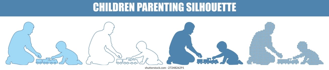Parent and Toddler Playing with Toy Train Silhouettes, Family Activity Vector Set