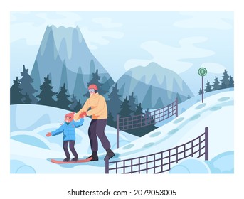 A parent training a child to ride a snowboard. Boy learning riding a snowboard. Little snowboarder at safe equipped path. Ski resort kid track. Winter sport family activities. Flat vector illustration