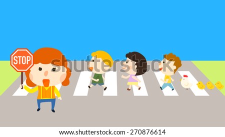 Parent volunteer as school supervisor helping kids crossing road by holding a stop sign warning. Cartoon style illustration of children, female adult, chicken and chicks. Road traffic safety concept.