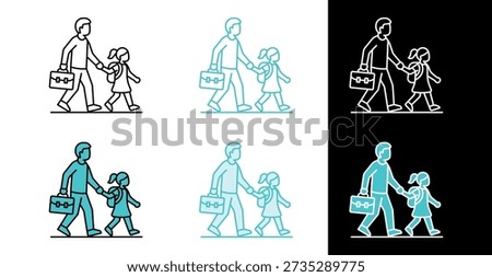 Parent walking child to school with backpack icon for safe walking in line and fill style