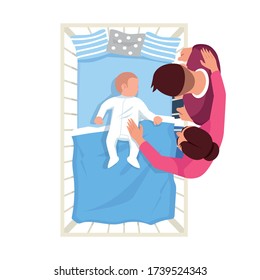 Parent watch infant sleep semi flat RGB color vector illustration. Caucasian newborn in bed. Mother and father with baby. Family isolated cartoon characters top view on white background