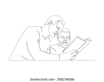 A parent who spends time with his child and helps him in his studies. A father reads a book to his son. Illustration drawn in a continuous line