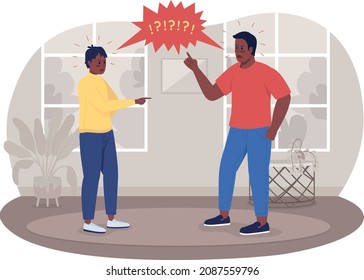 Parent-adolescent conflict 2D vector isolated illustration. Angry father yelling at annoyed teenage son flat characters on cartoon background. Raising voice at kid at home colourful scene